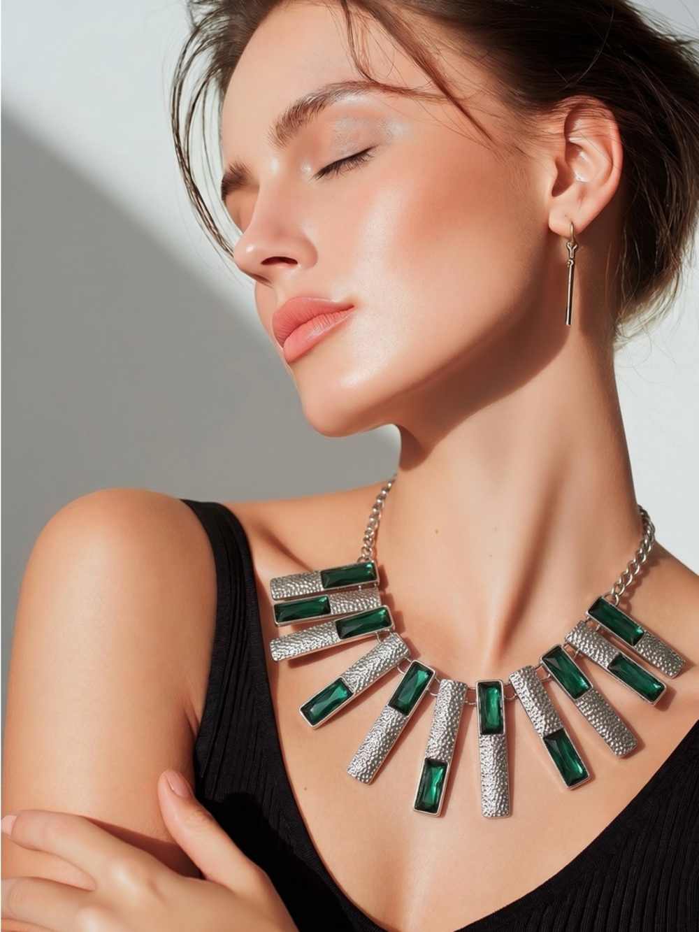 Silver Tone Emerald Bar Pendant Statement Necklace